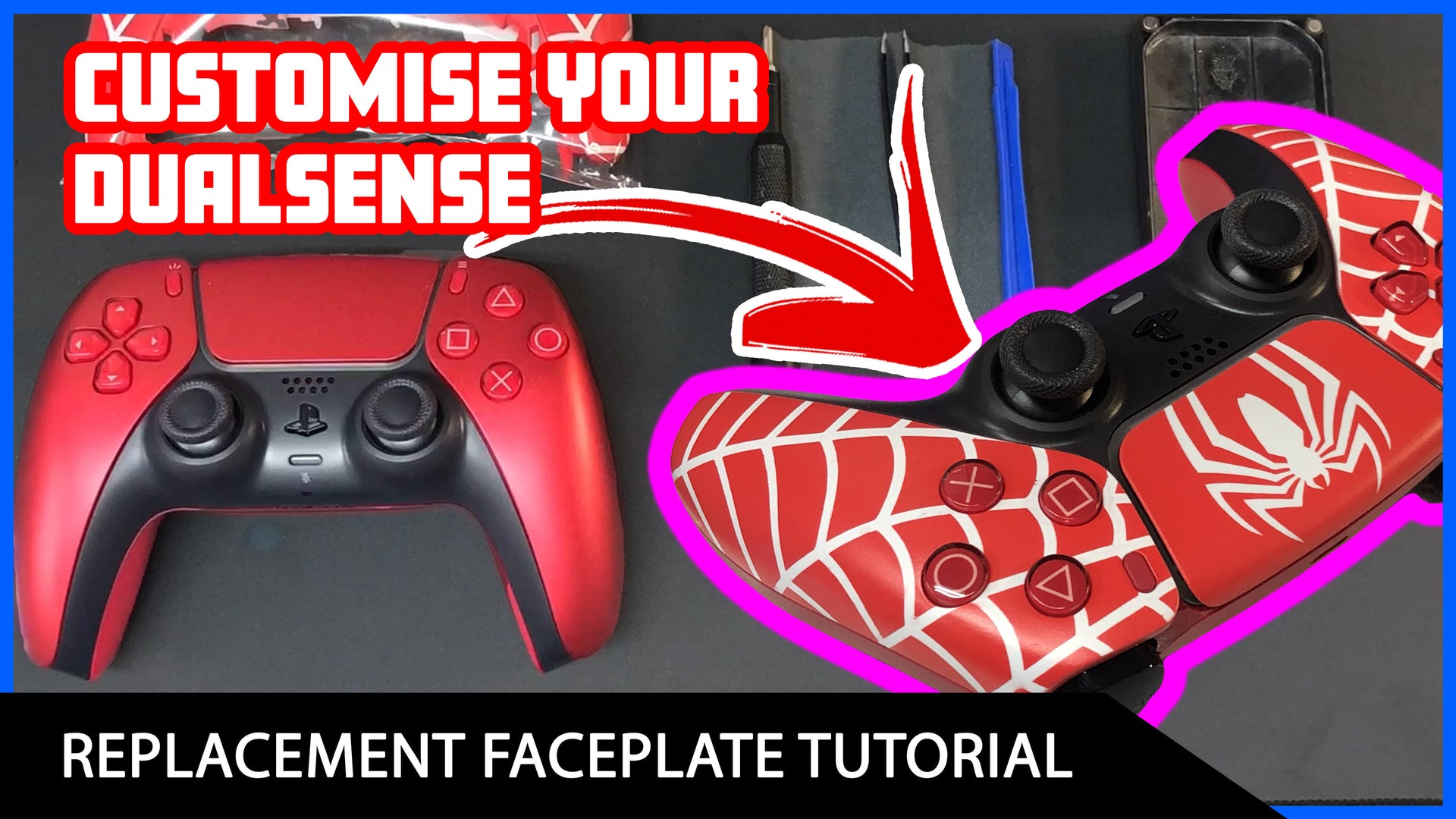 Load video: In this video, I show you how to replace the front faceplate and touchpad of the DualSense controller. See me transform this volcanic Red DualSense, into a Marvelous Spider-verse-inspired design custom painted by Skin Pixel.When replacing our touchpad It does require a little more force, I find it to be a super easy method that does not require the use of heat.Check out our collection of Custom DualSense FacePlates - https://skinpixel.co.uk/collections/playstation