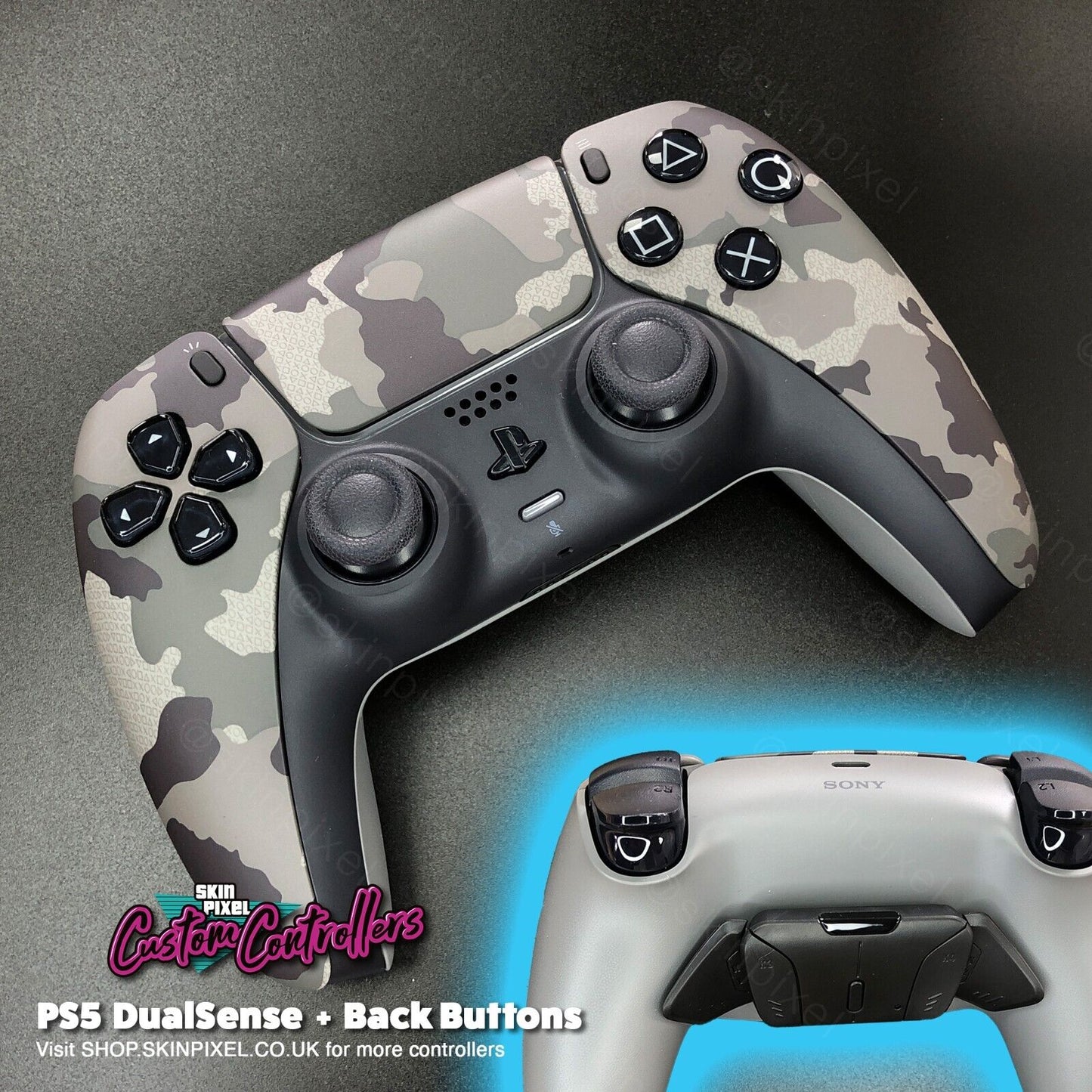Grey Camouflage PlayStation 5 DualSense with Back Buttons / Original Grey Camouflage Back